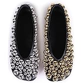 Saint Leia Women's Black Ballet Flats Shoes with Gold Silver Pearls Ideal for Work Parties Everyday Wear