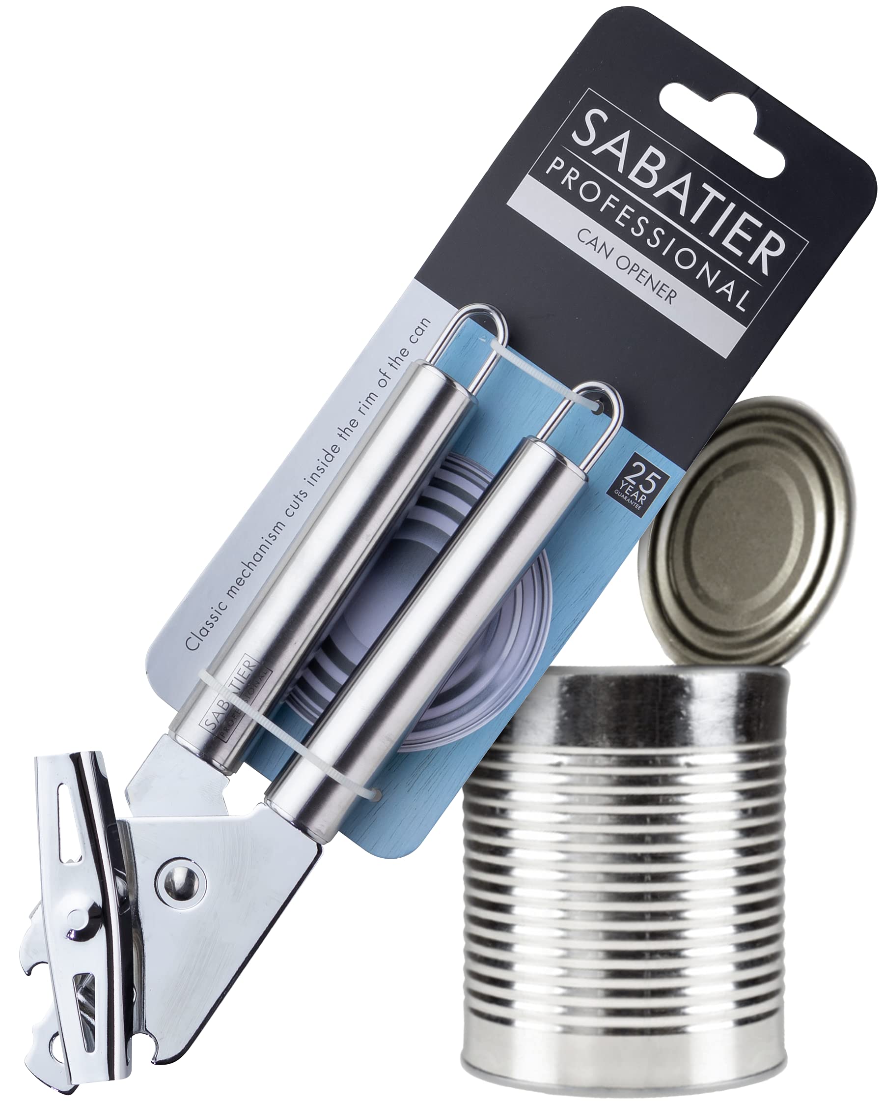 Sabatier Professional Stainless Steel Can Opener - Comfortable Turning Mechanism. Cuts Inside Rim of Tin. Strong Handles. Dishwasher Safe. Guaranteed for 25 Years.