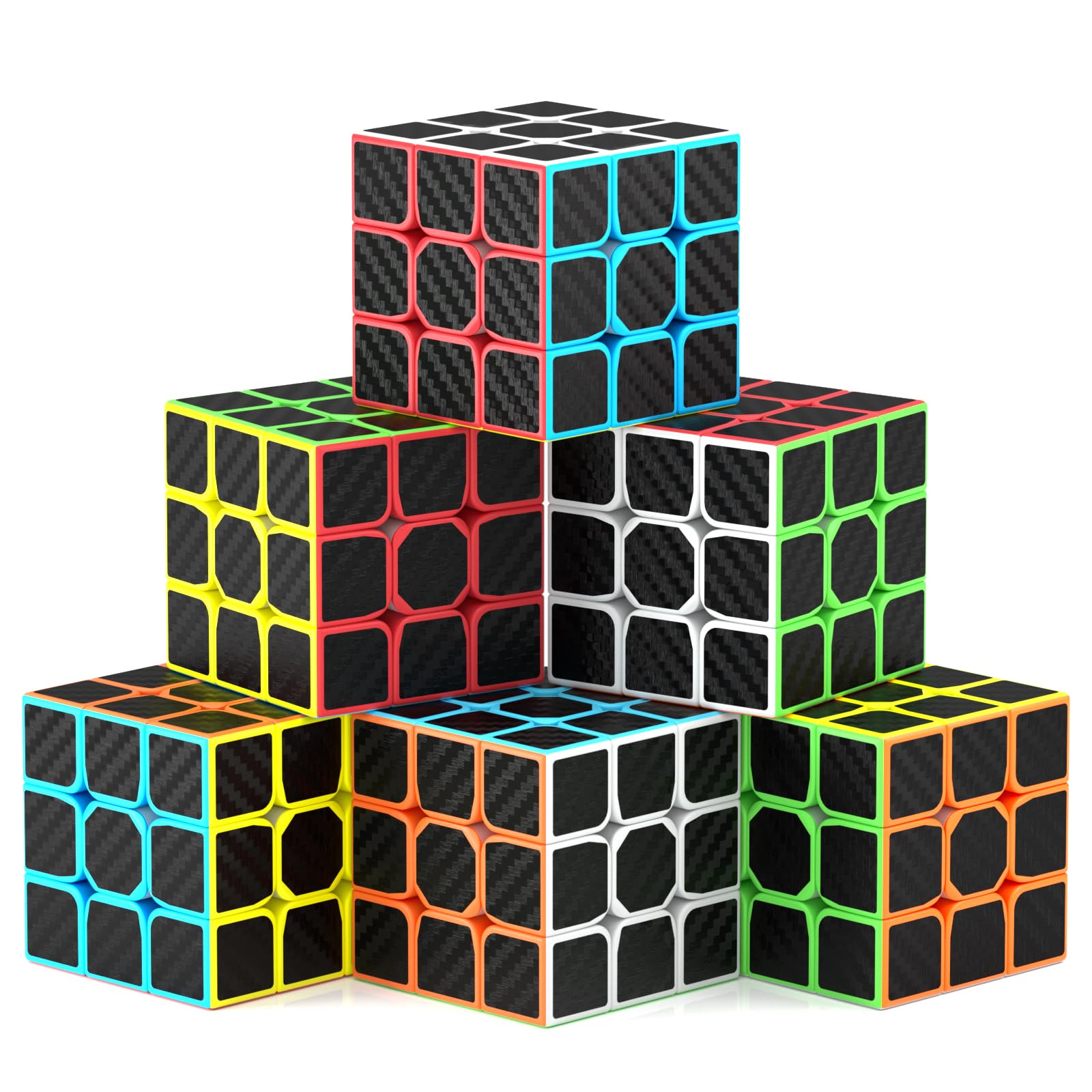 ROXENDA Speed Cube Set, 6 Pack Party Cubes Set Smooth Fast Magic Cube Toy for Party Favor, Party Bags Fillers for Kids[6 Pack] (Carbon Fiber)