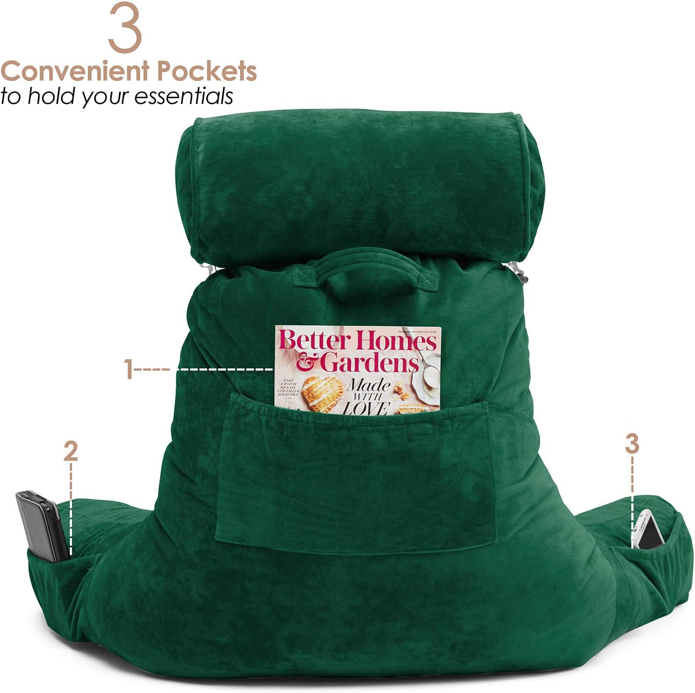 Clara Clark Bed Rest Reading Pillow with Arms and Pockets Premium Shredded Memory Foam, Detachable Neck Roll & Lumbar Support, Large, Hunter Green: Home & Kitchen