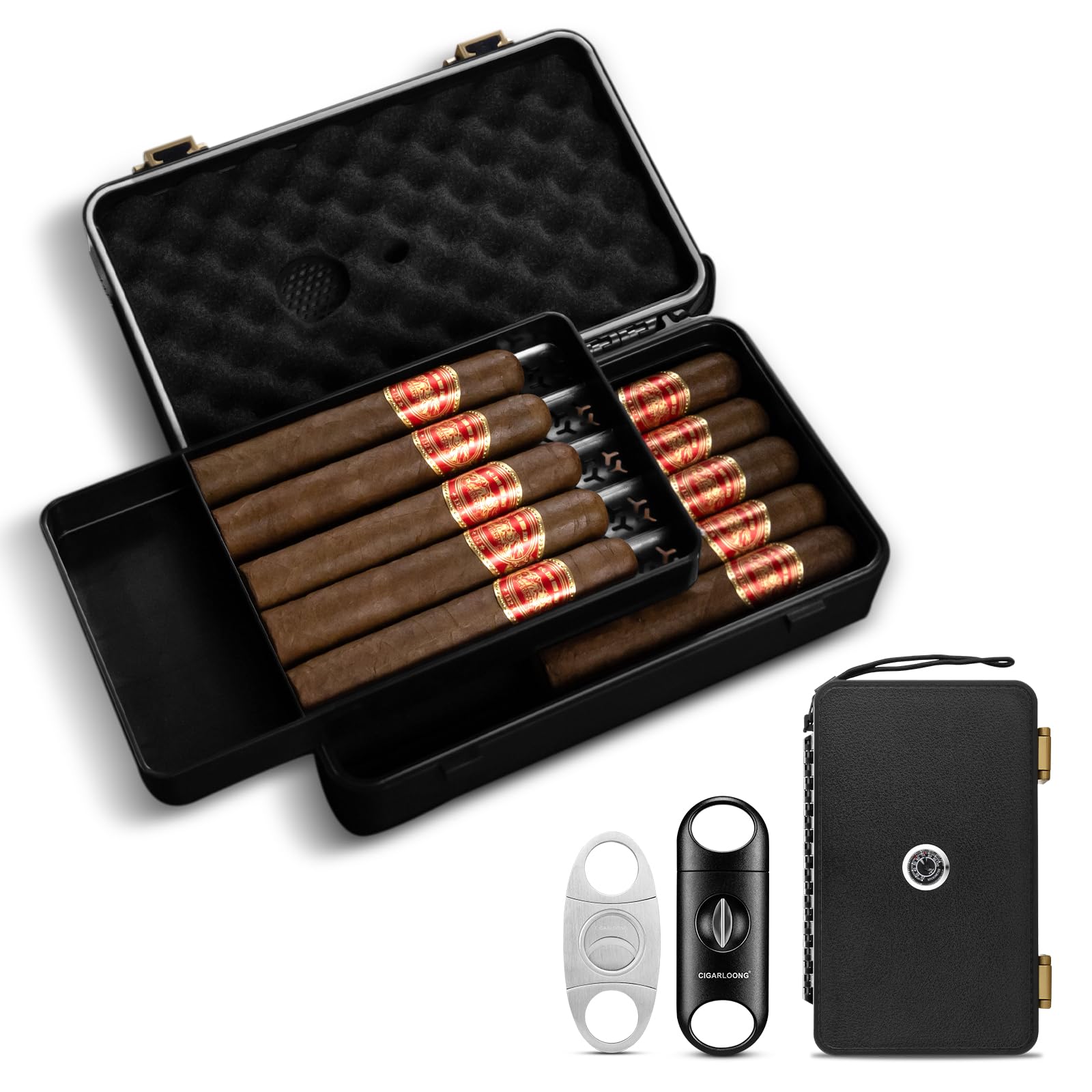 CIGARLOONG Cigar Travel Humidor with Humidifier and Hygrometer,Cigar Case with 2 Cigar Cutters, Holds up to 10 Cigars (black)