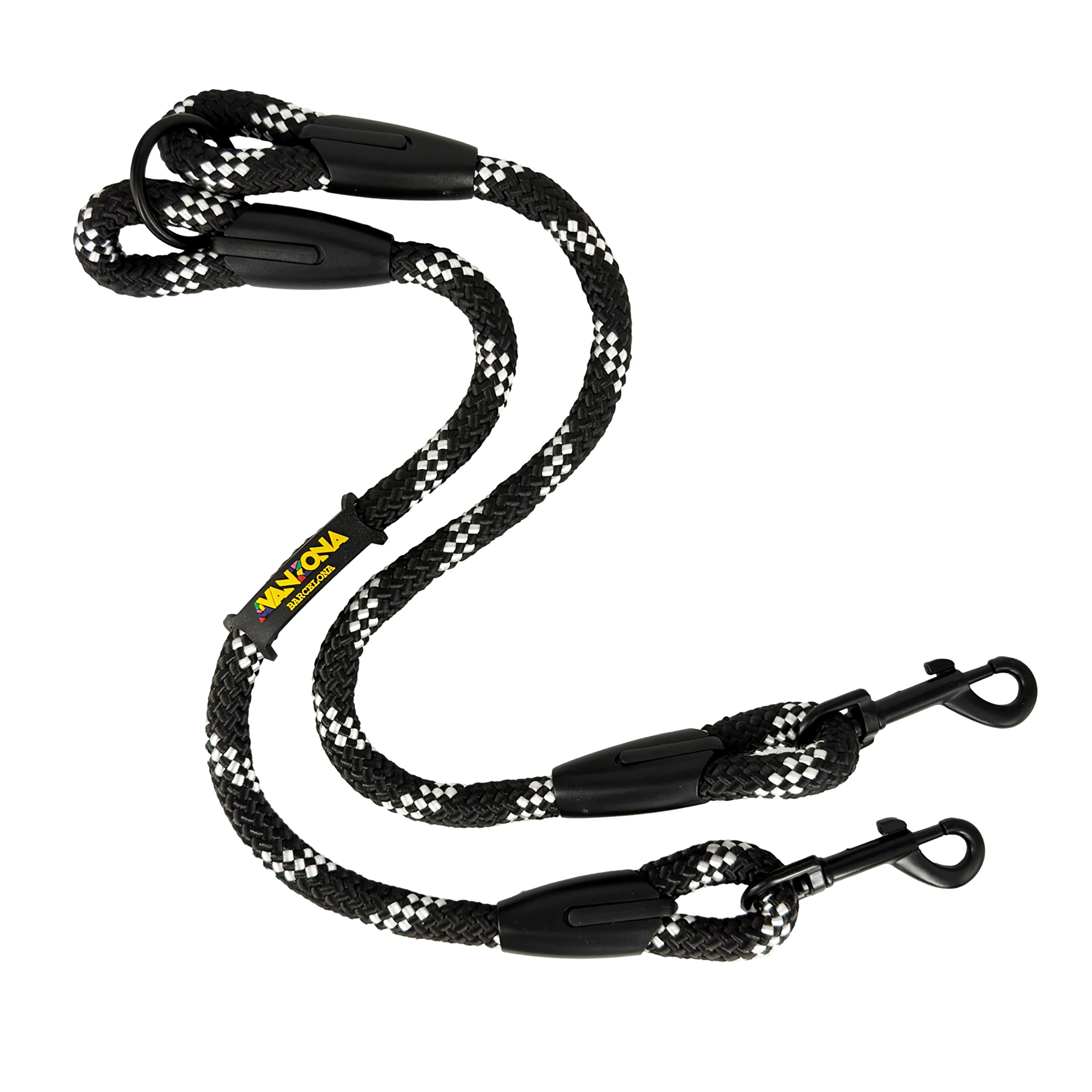 Dog Lead, Double Hooks for 2 Dogs, Made in Spain, for Small Medium and Large Dogs. Black with White