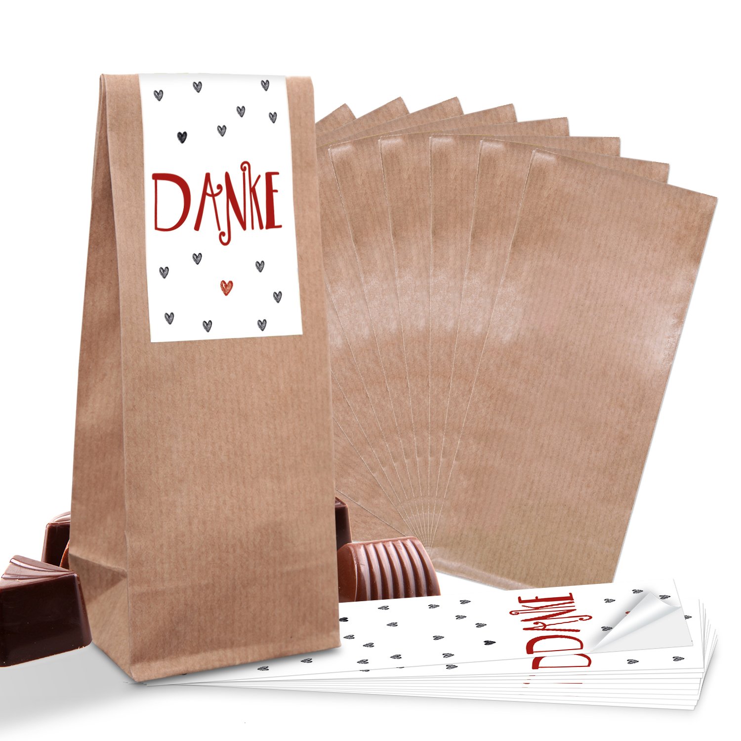 10 small brown block bottom bags with glassine insert (7 x 4 x 20.5 cm) + 10 bands (5 x 15 cm) thanks red grey hearts – tea bags sweets chocolates cookie bags gift bags give-aways