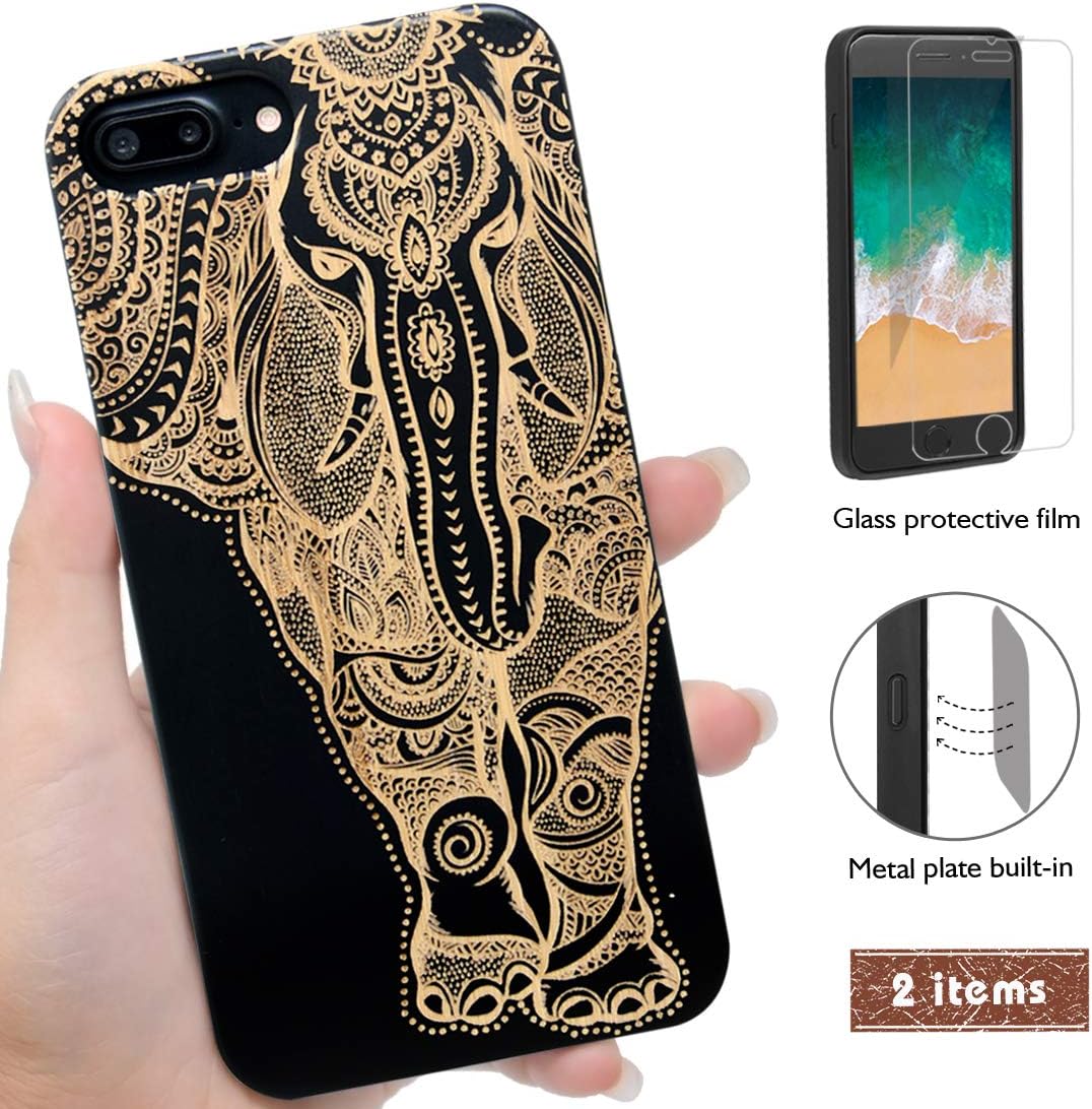 iProductsUS Elephant Phone Case Compatible with iPhone SE (2020), iPhone 8, 7, 6/6S and Screen Protector, Black Bamboo Wood Cases Engrave Unique Elephant, Built-in Metal Plate,Protective Cover (4.7")