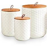 JOJUNO White Ceramic Canister Set with Wooden Lids – 3-Piece Airtight Food Storage Jars for Kitchen, Embossed Design, Small/Medium/Large Sizes (30/48/82 oz) – Flour, Sugar, Coffee, Tea Containers