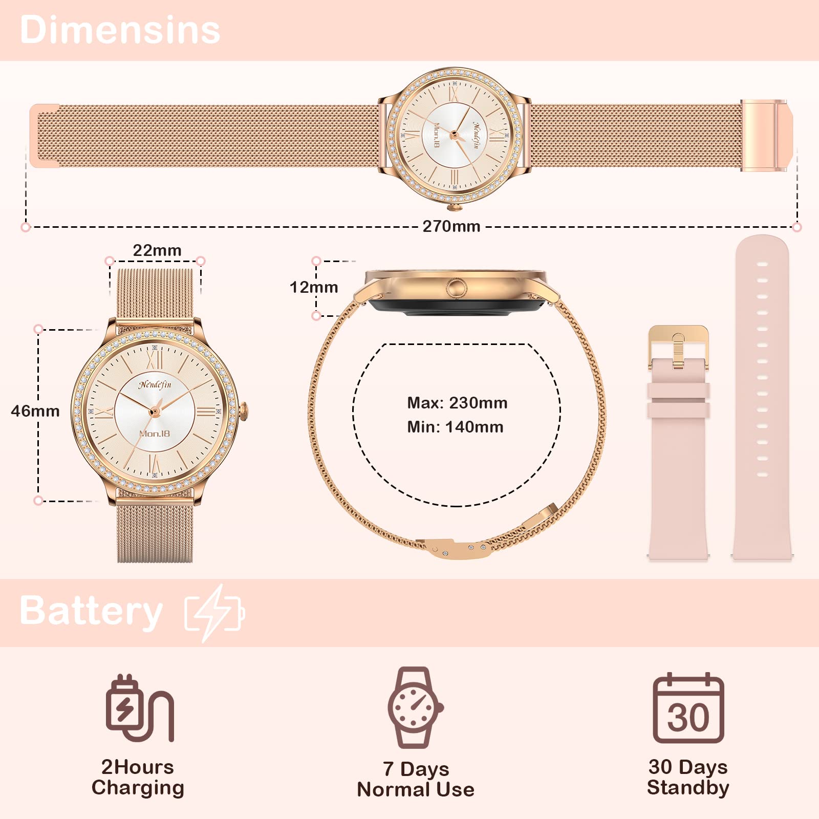 Women's Smartwatch with Phone Function, Smart Watch with Diamond Bracelet, Voice Assistant Fitness Tracker with SpO2 Activity Tracker, Pedometer Watch, Women's Sports Watch for Android iOS