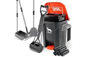 HWPZE Dog Pooper Scooper, 7Pcs Set Poop Trash Can with Removable Inner Bucket, Long Handle Tray & Rake, 60 Waste Bags, Dog Waste Large Bin Waterproof for Outdoor, Backyard, Garden