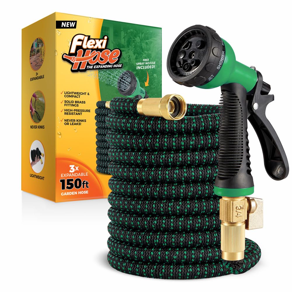 Photo 1 of Flexi Hose with 8 Function Nozzle, 150FT - Lightweight Expandable Garden Hose, No-Kink Flexibility, 3/4 Inch Solid Brass Fittings and Double Latex Core - Green