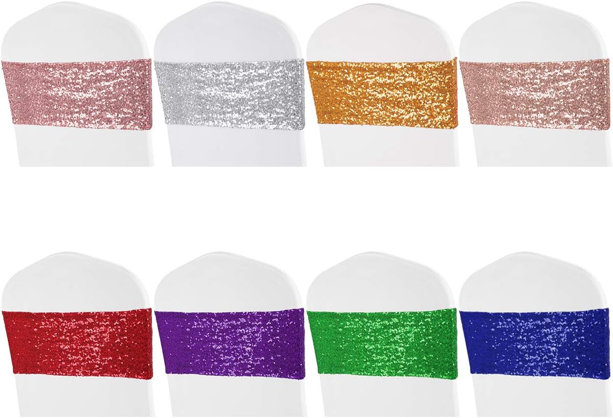 ANMINY Pack of 10 Sequin Chair Sashes Decorative All Around Sequins Stretch Sash Band for Chair Cover Romantic Wedding Party Festival Home Decor Ceremony Banquet Hotel Event Reception, Royal Blue: Kitchen & Dining
