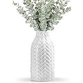 STHIE White Embossed Ceramic Vase, 8 Inch Decorative Vase for Home Decor, Watertight Vase for Fresh or Dried Flowers, Boho Farmhouse Table Centerpiece