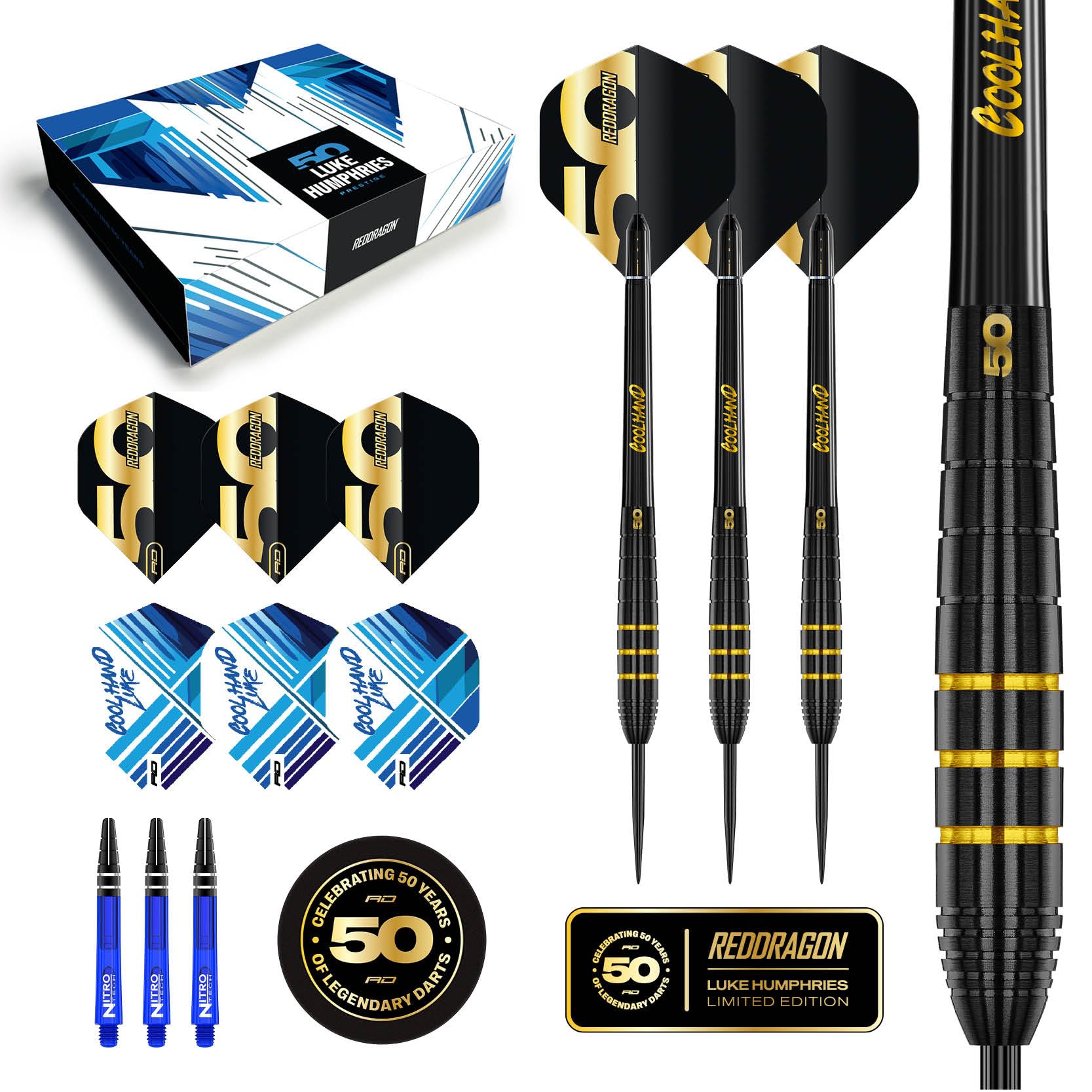 RED DRAGON Darts - 50 Jahre Jubiläums Spieler Edition - Luke Humphries 'Coolhand' 22g - 90% Wolfram - Professionelles dartpfeile metallspitze Satz - Enthält Steeldarts Pfeile Flüge und Dart Schäfte