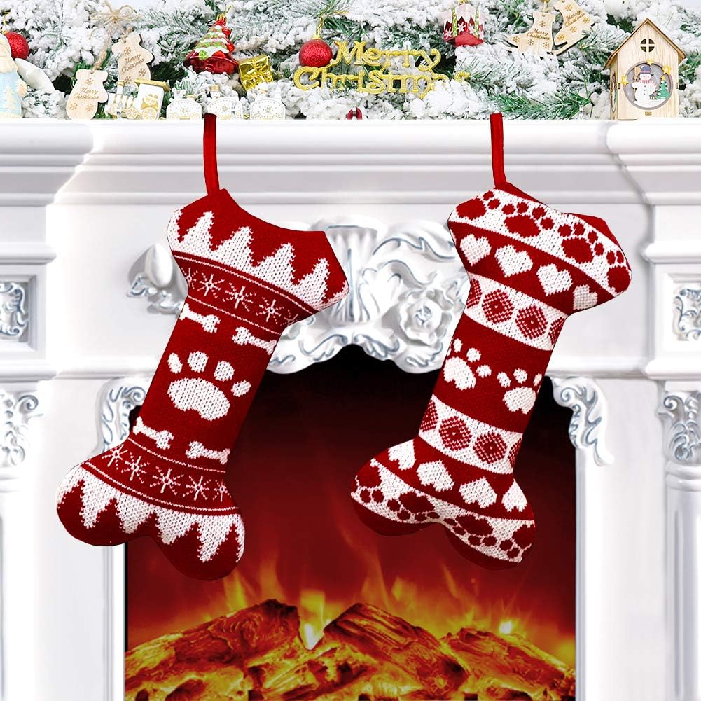 Charlemain Christmas Stockings for Dogs Set of 2, 18" Large Knitted Dog Christmas Stockings for Pets Xmas Sock Sack Gift Bag Holiday Decoration Christmas Ornament Candy Pouch Bag Theme Bone Shape