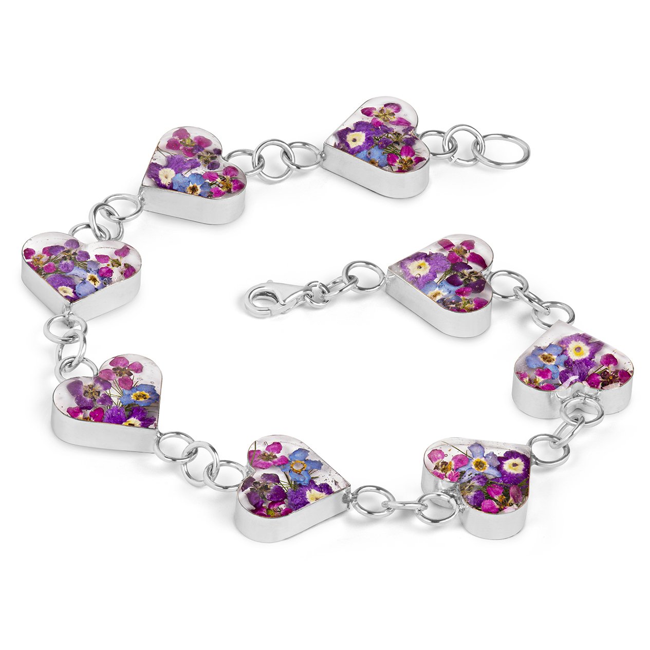 Sterling Silver Heart Bracelet Made With Real Flowers Purple Mix …