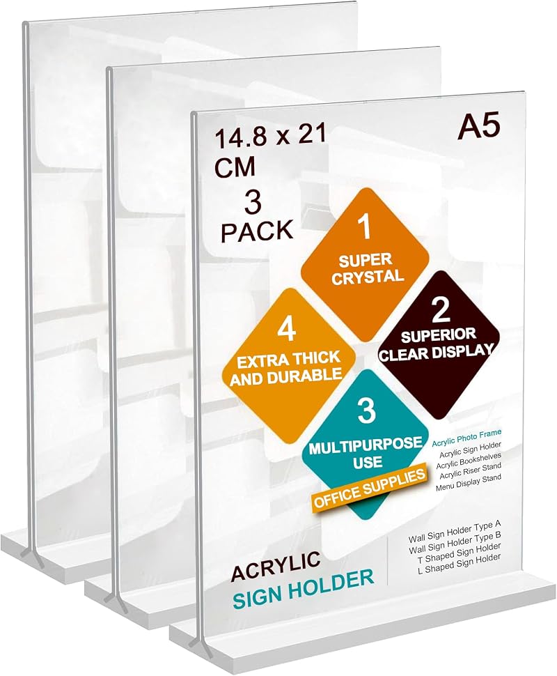 ROSSHINE A5 Menu Holders 3 Pack Double Sided Acrylic Sign Holder