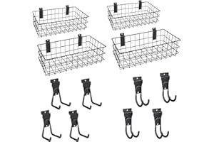 LYYUWE 12Pack Slatwall Organizer Kit with 4PCs Slatwall Baskets (10.5 to 13.5 inches), and 8PCs Slatwall Hooks Heavy Duty, Sl