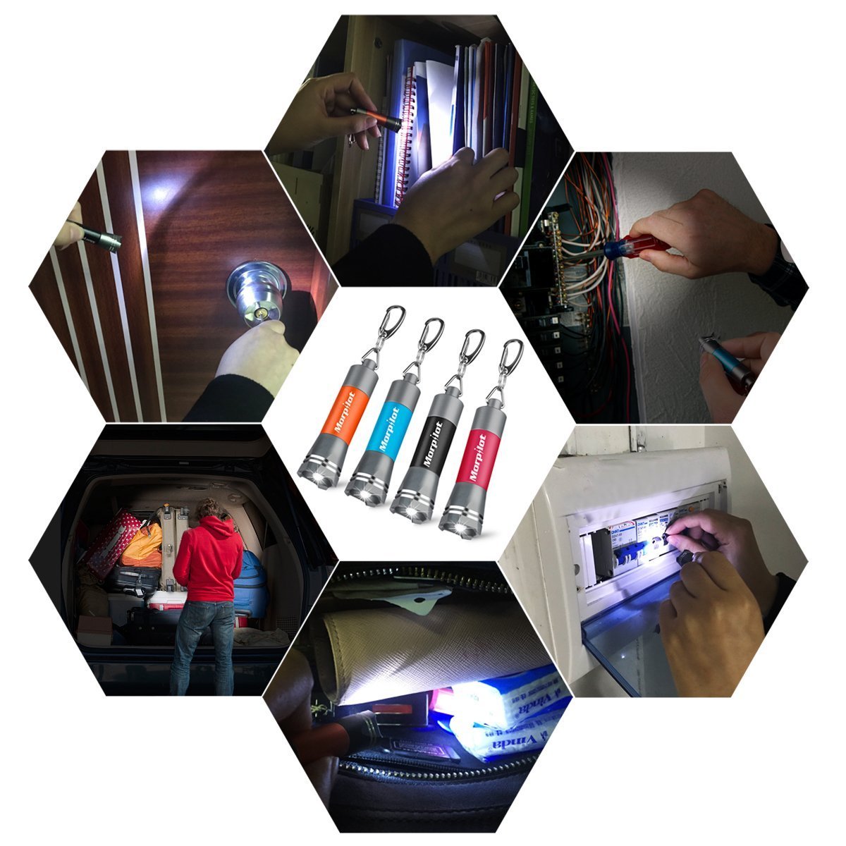 Small LED Torches, Morpilot Mini Keyring Torches with Bright White Light, Portable Small Flashlights for Kids, Durable & Waterproof, 4 Pack (Black, Rose Red, Orange, Blue), Batteries Included