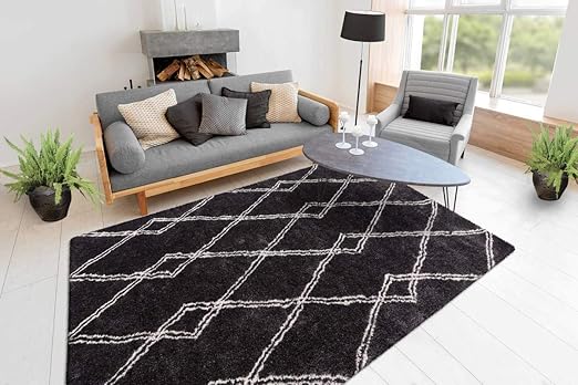 One Couture Hochflor Shaggy Teppich Rauten Berber Muster Wohnzimmer