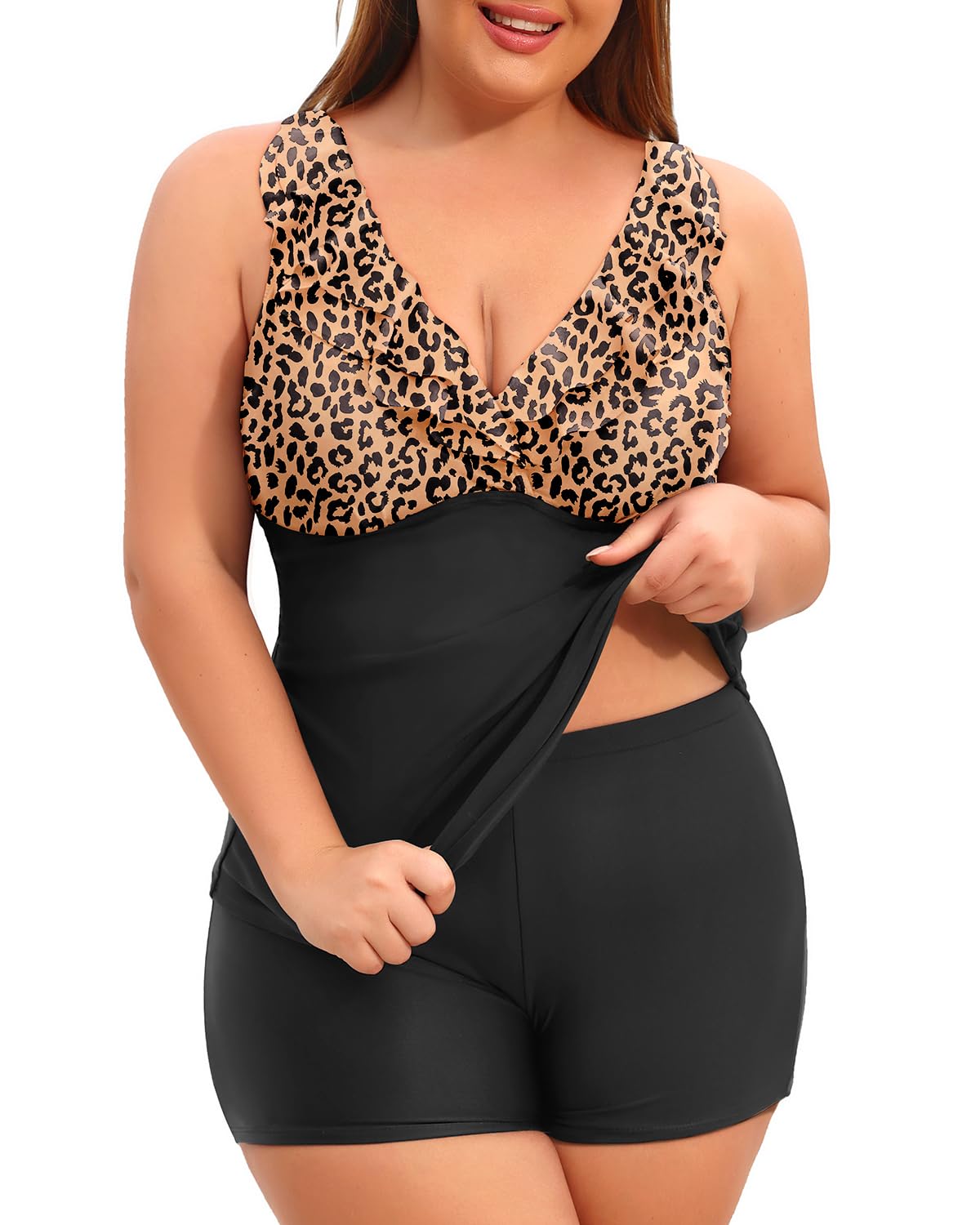 Photo 1 of (LARGE) (BAGGED) Talisea Women's Plus Size Tankini with Shorts 2024 Two Piece Swimsuit Tummy Control Bathing Suit Deep V Neck Swimwear Leopard