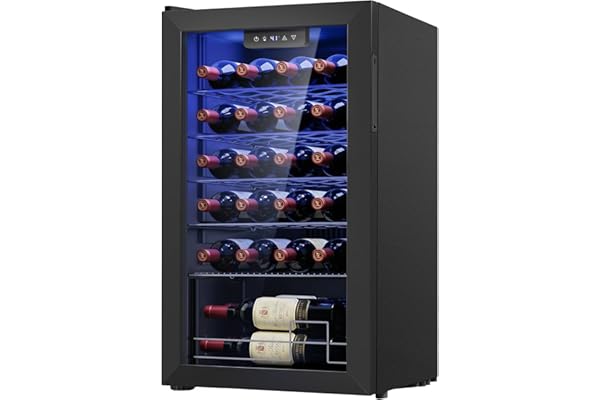 Icyglee 25 Bottle Compressor Wine Cooler Refrigerator, Freestanding Wine Cellar with 41-64Â°F Adjust Temp & Double-layer Glass Door for Red and White, Wine Cooler for Home Bar, Black