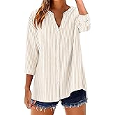 LOMON Cotton 3/4 Sleeve Button Down Shirts for Women Gingham Plaid Striped Tops V Neck Casual Loose Blouse