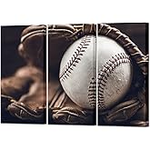 iLOOKLiKE 3 Panels Retro Baseball Canvas Wall Art Vintage Baseball in Glove Poster Sports Pictures Wall Decor for Boy's Room Living Room Decoration Stretched and Framed Each Size 16x32inch