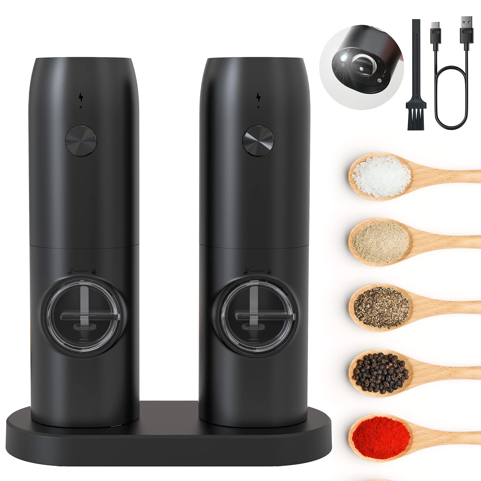 MERTTURM Rechargeable Electric Pepper Grinder, Automatic Pepper Salt Mill with LED White Light, One Hand Operation, Coarseness Adjustable, Refillable and Portable for Kitchen, Restaurant, Camping BBQ