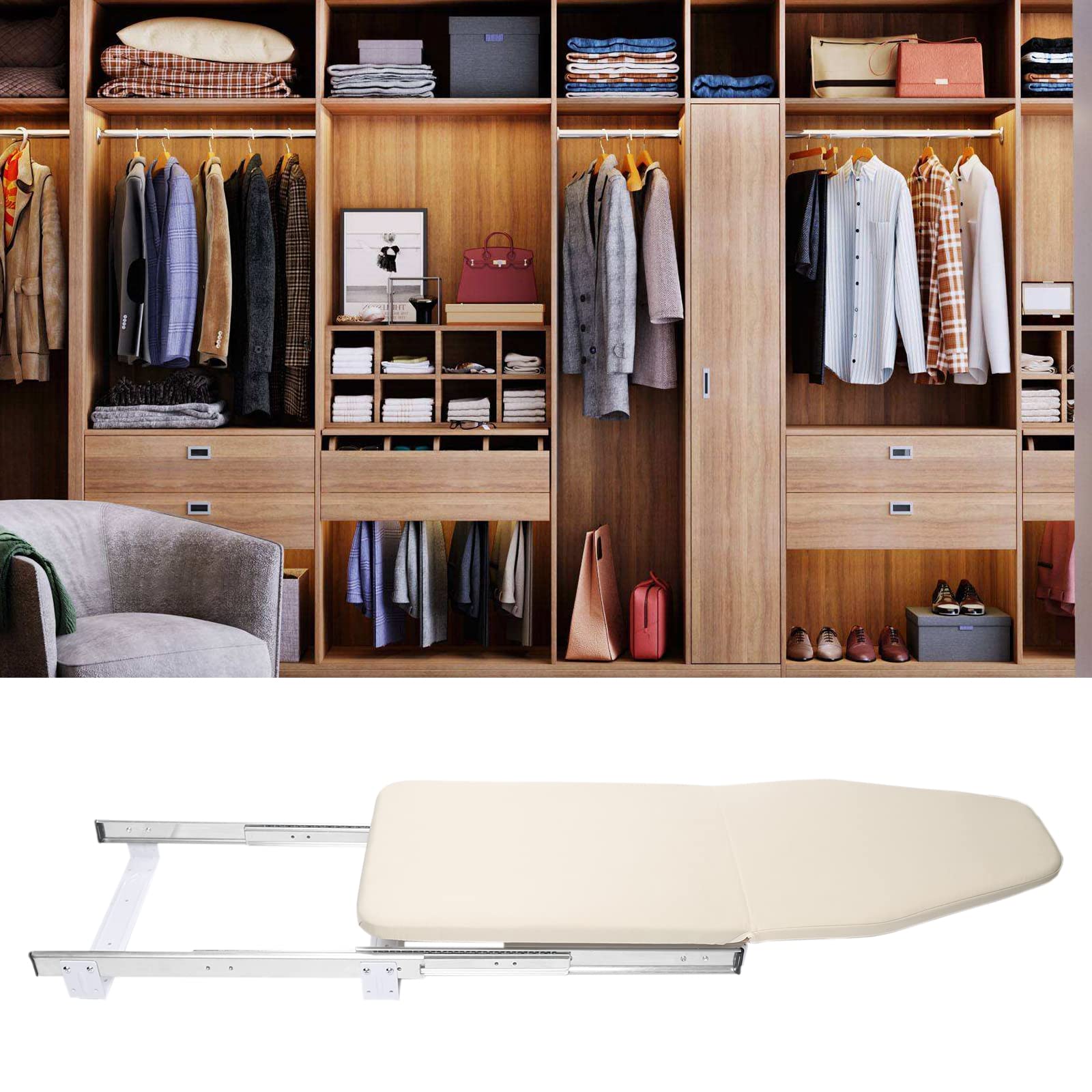 Retractable Ironing Board, Pull-Out Stow Away Ironing Board Cabinet, 180° Swivel Foldable Ironing Station 32