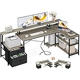 ODK L Shaped Desk with File Drawer, 75" Reversible L Shaped Computer Desk with Power Outlet & LED Strip, Office Desk with Sto