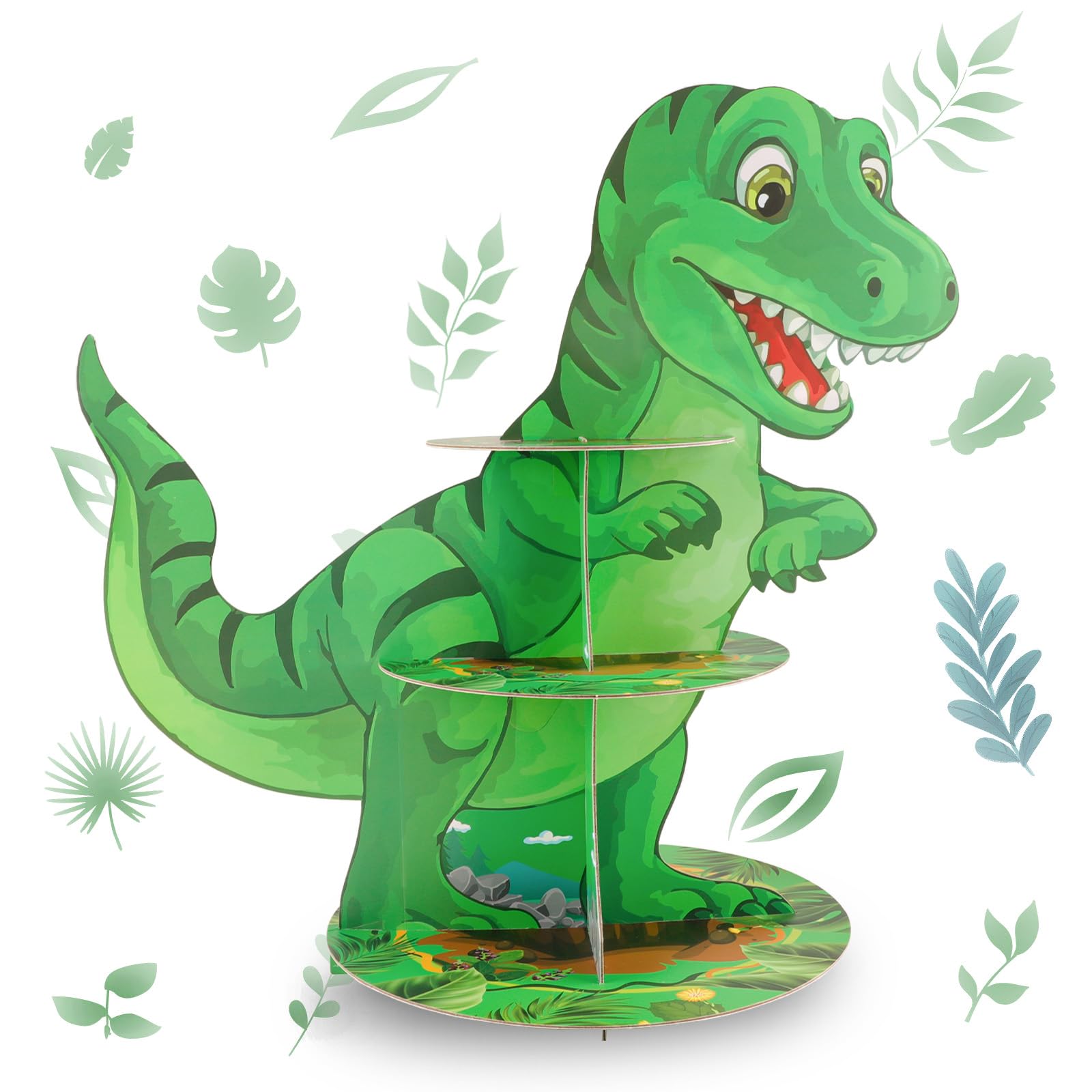 Photo 1 of Ufurty 3 Tiers Dinosaur Cupcake Stand, Dinosaur Theme Birthday Party Decorations Cardboard Cupcake Stand Holder Dinosaur Cupcake Tower Stand Desserts Tower Serving Tray for Boys Girls (Green, 1 PACK)