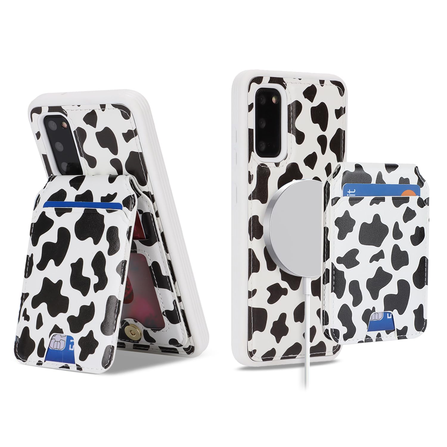 Photo 1 of ?????? for Samsung Galaxy S20 Case 2 in 1 Detachable Magnetic Wallet with Card Holder Magsafe Compatible Stand Phone case Credit Card Slots PU Leather for Women Men-Cow Print Black