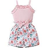 Kucnuzki Toddler Baby Girl Clothes Sleeveless Tank Tops Ruffle Halter Shirts Floral Shorts 2 Piece Set Summer Outfits