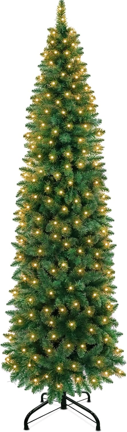 Trees - 6 Feet Prelit Artificial Slim Christmas Tree, 240 LED Warm Lights, 658 Branch Tips, Fire-Resistant, UL Plug, Metal Stand, Hinged Pencil Xmas Tree Christmas Decorations Indoor Outdoor