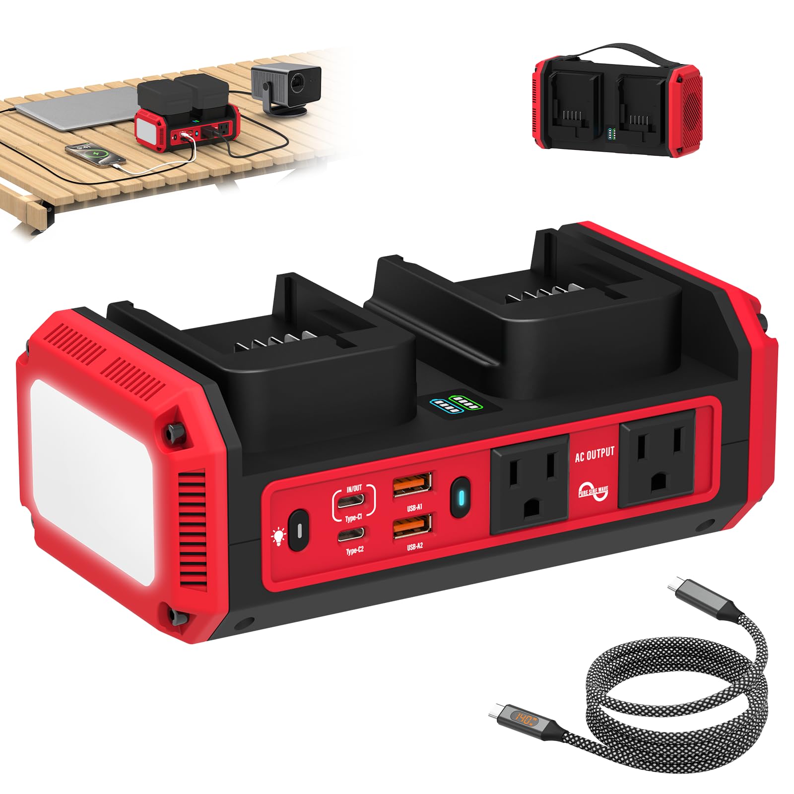 Photo 1 of Kzreect 350W Pure Sine Wave Inverter Compatible with Milwaukee 18V Batteries, Dual-Battery Auto-Switch, DC 20V to AC 120V, 140W USB-C PD, 600lm LED Light (Battery Not Included)