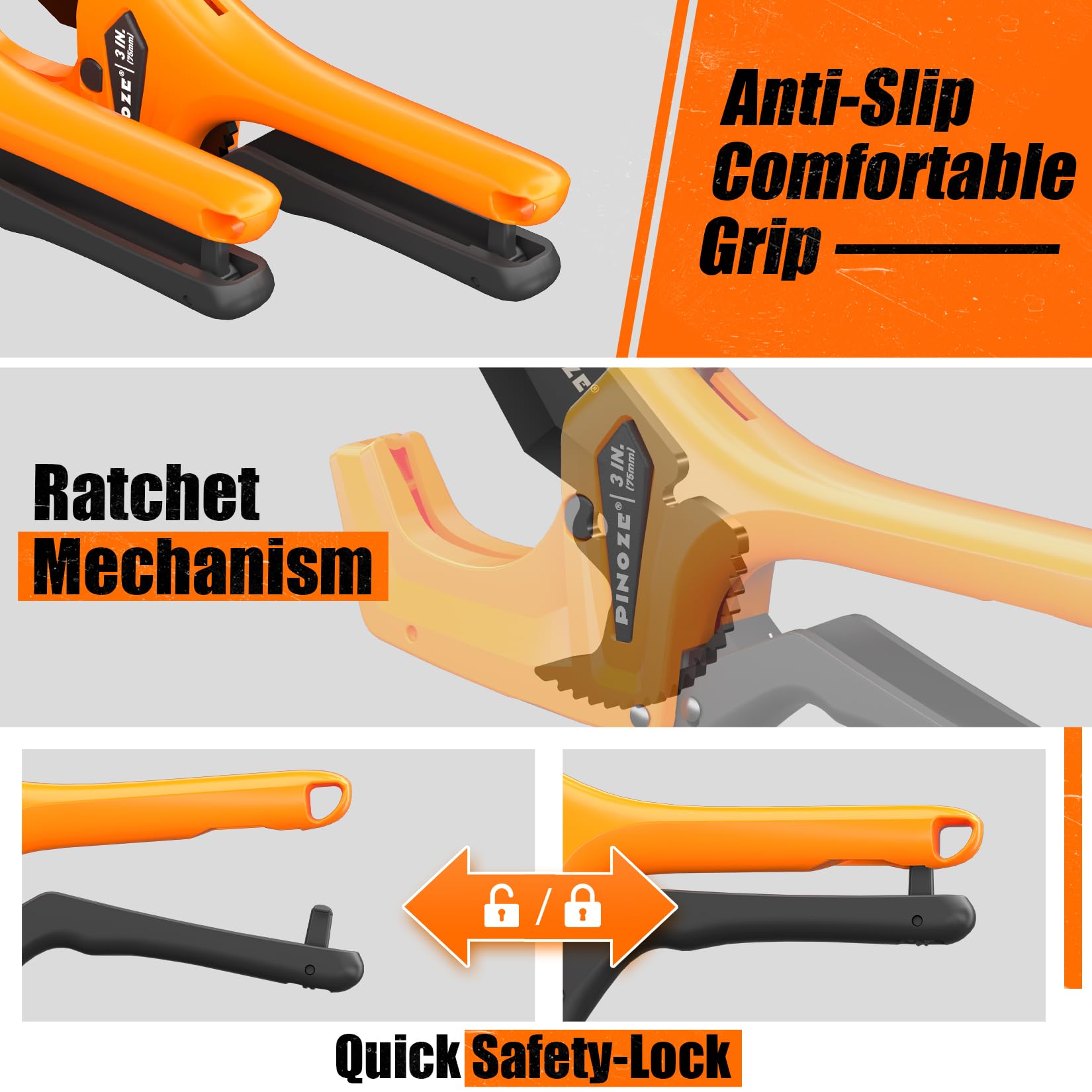 PINOZE PVC-Rohrschneider – 76 mm maximale Öffnung, Hochleistungs-Ratschen-Rohrschneider mit Stabilisator für PVC, PPR, PE, PEX, Kunststoffschläuche und Sanitärrohre mit teflonbeschichteter SK5-Klinge 5