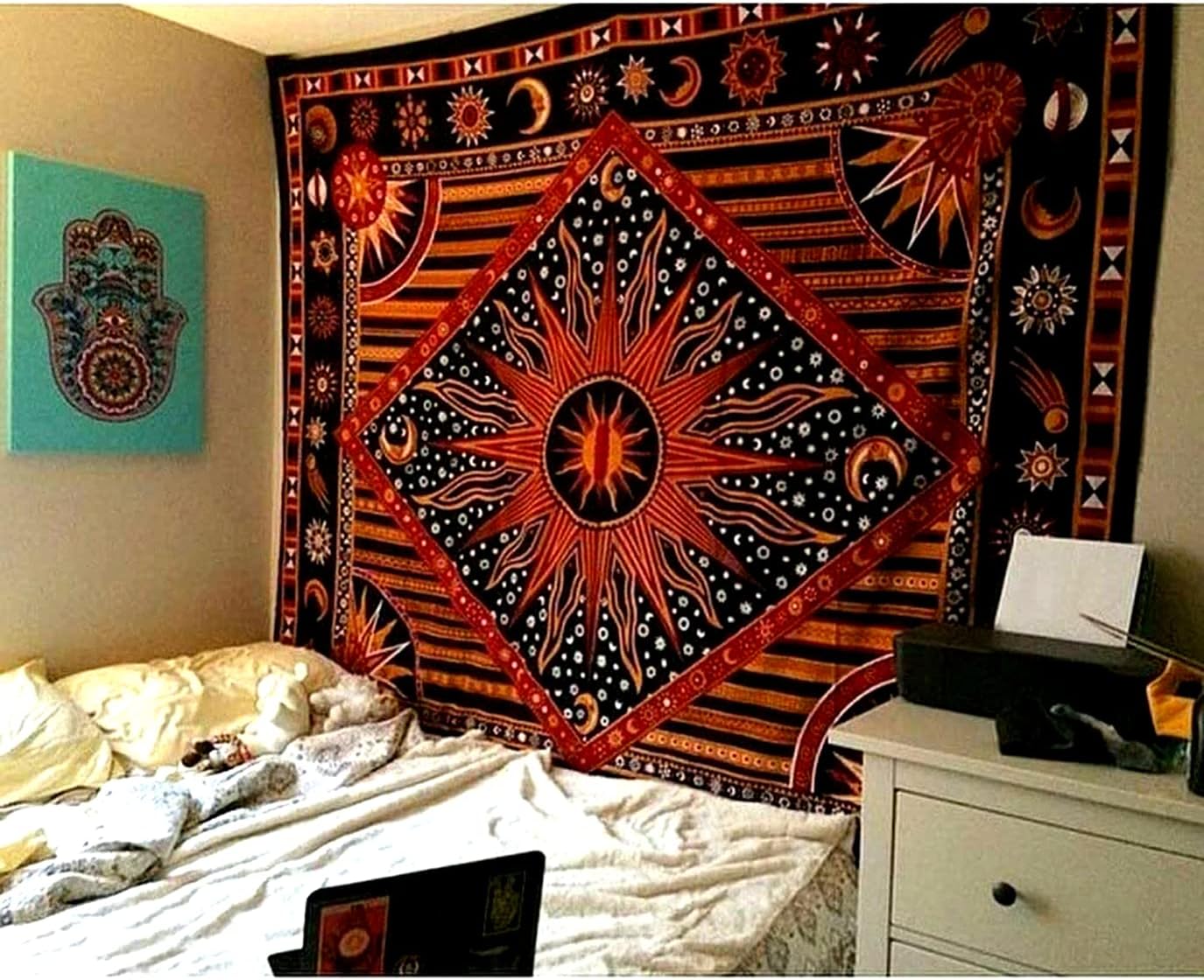 Tapestries - raajsee Sun And Moon Tapestry Aesthetic- Burning Sun With Stars Mystic Wall Hanging Tapestries Hippie- Golden Celestial Tapestrys For Bedroom- Indie Wall Tapastry Hippie Room Décor 82x92 inch