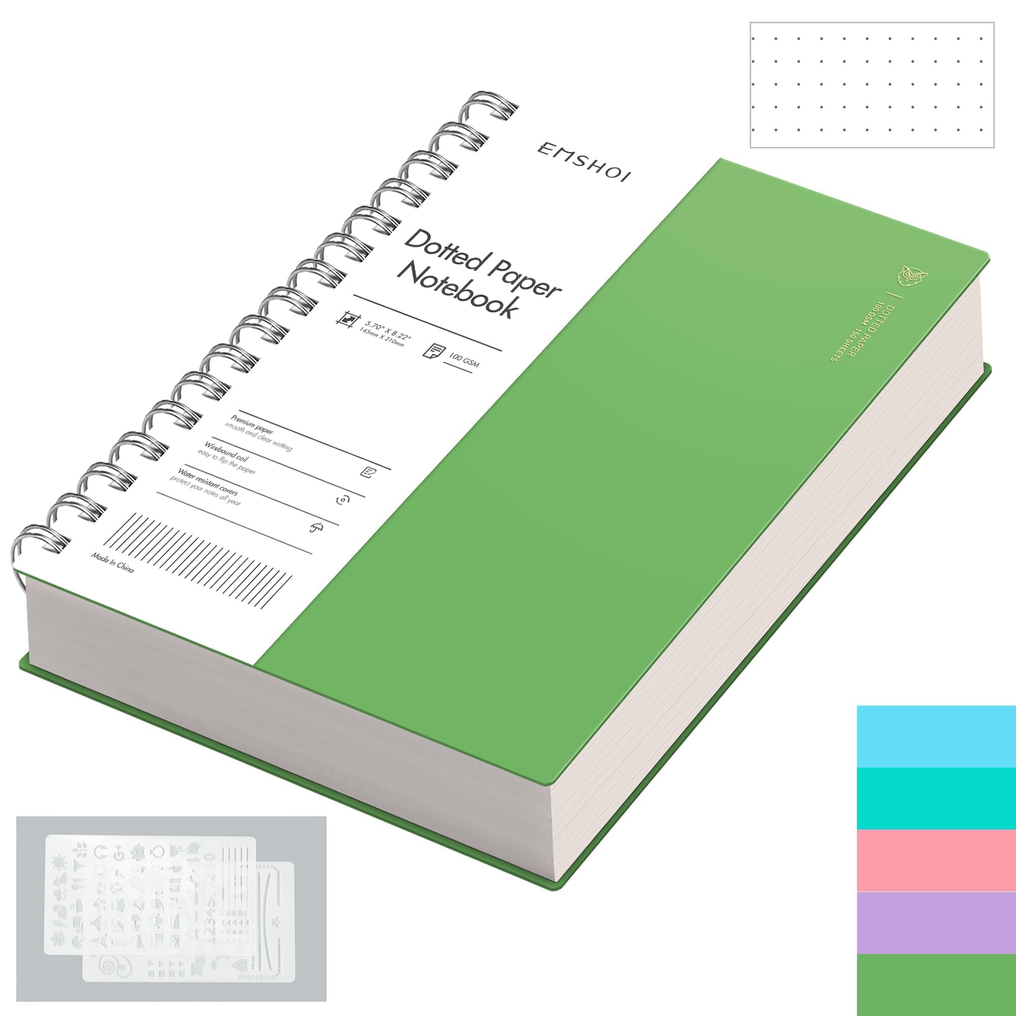 EMSHOI Notebook A5 Bullet Dotted Journal, 300 Pages/150 Sheets, 100gsm Dot Grid Paper, Waterproof Hardcover, Spiral Wirebound Notepad for Women Men Office School Work Writing, 14.5 x 21cm, Green