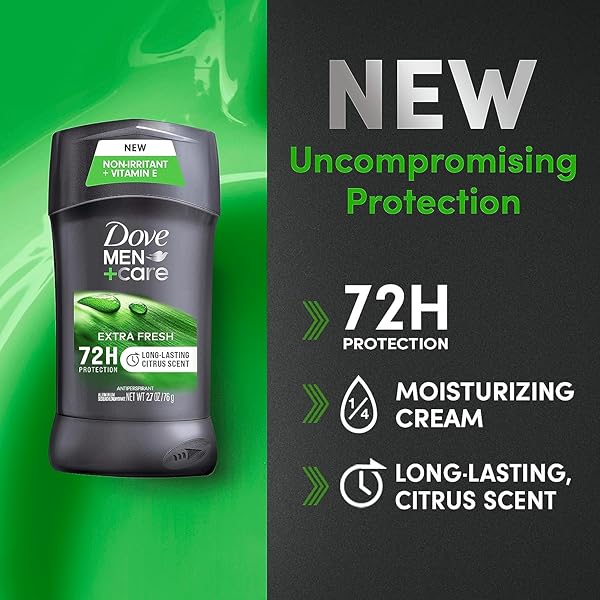 DOVE MEN+CARE EXTRA FRESH MEN’S ANTIPERSPIRANT DEODORANT STICK EXTRA FRESH WITH 72-HOUR SWEAT & ODOR PROTECTION WITH 1/4 MOISTURIZING CREAM & LONG-LASTING CITRUS SCENT 2.7 OZ