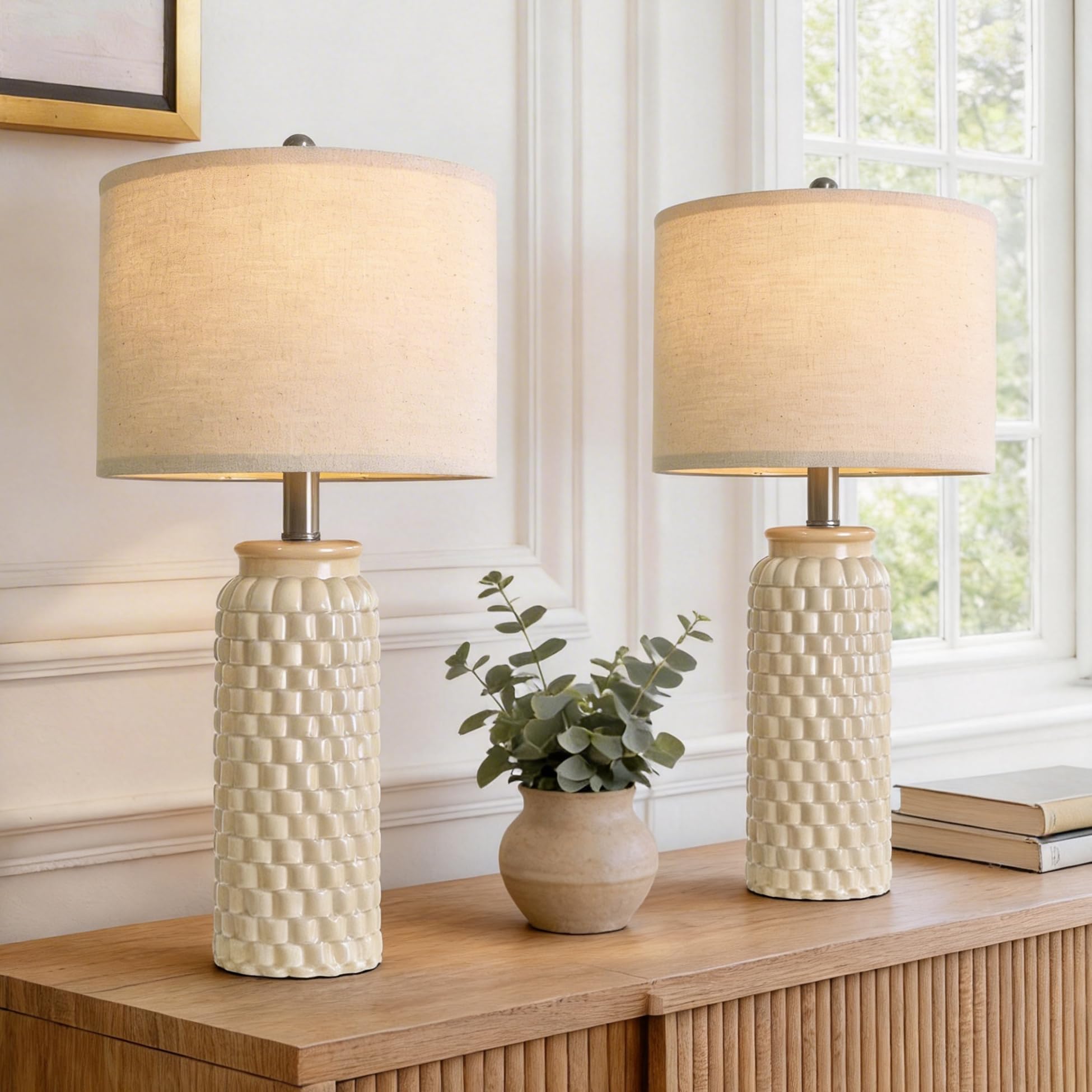 USumkky 24" Modern Ceramic Bedside Lamp Set of 2 for Bedroom Decor Farmhouse Table Lamp for Living Room Office Dorm Image