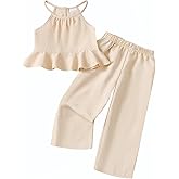 Kucnuzki Baby Girl Clothes Toddler Girl Summer Outfits Sleeveless Ruffle Halter Tops Wide Leg Pants Kids Clothing Set