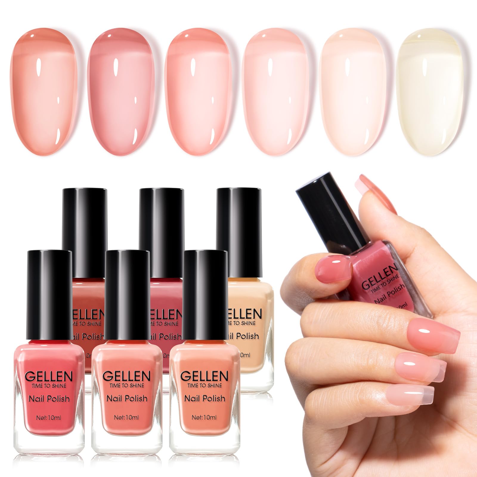 Photo 1 of GELLEN Clear Pink Nail Polish, Sheer Pink Jelly Natural Regular Nail Polish Quick Dry Summer 6 Light Colors Set for Acrylic Natural Nails Home Salon, Chip Resistant, Non UV Gel, Hema Free, Non Toxic