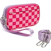 Checkered Wristlet Wallet for Women Tri-tone Cute Nylon Wristlet Purse with 5 zippers and ID Window Credit Card Holder