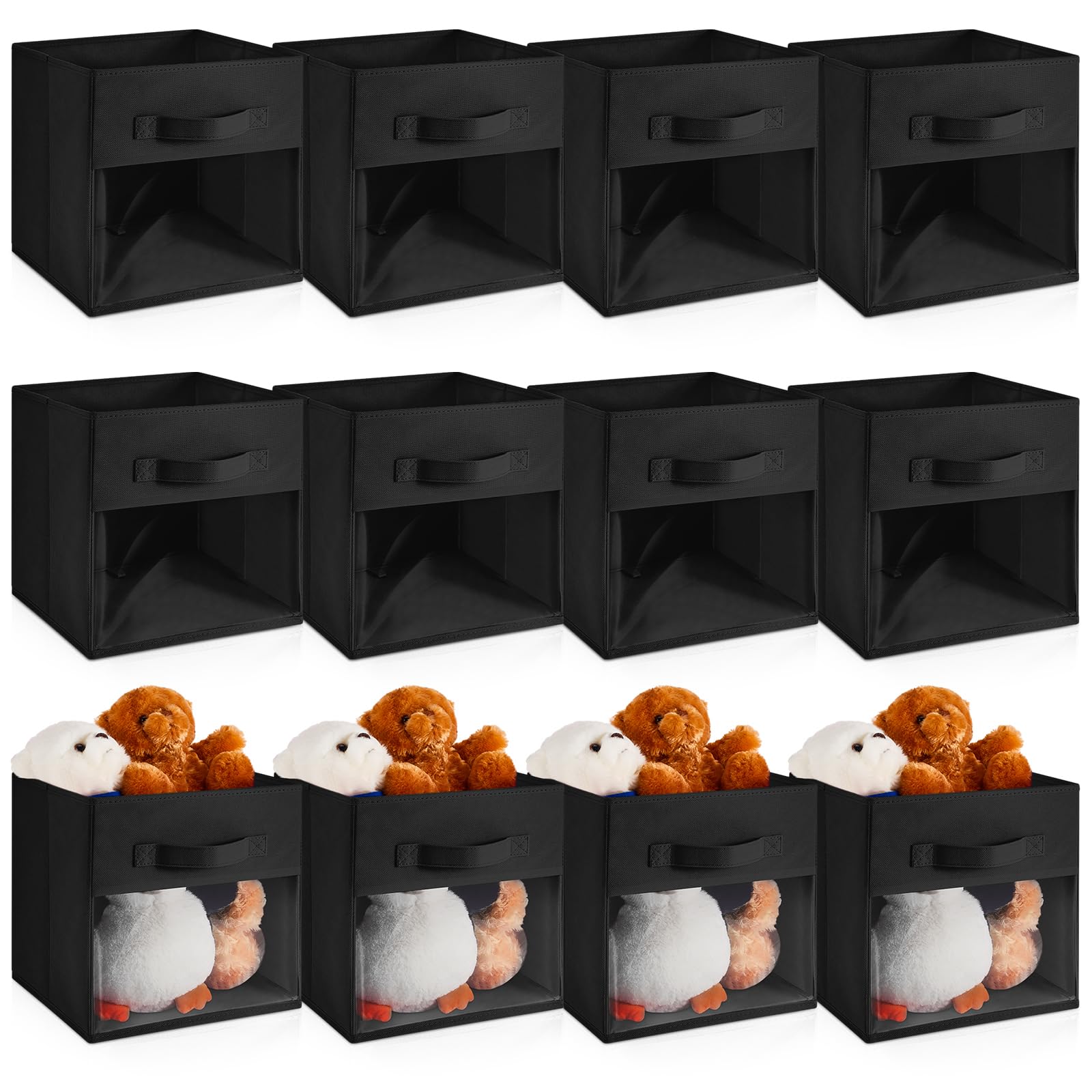 Photo 1 of Marsui 12 Pcs Clear Storage Bins Collapsible Cube Fabric Classroom Storage Organizer Bin with Window for Kid Room Daycare Nursery Playroom(Black)