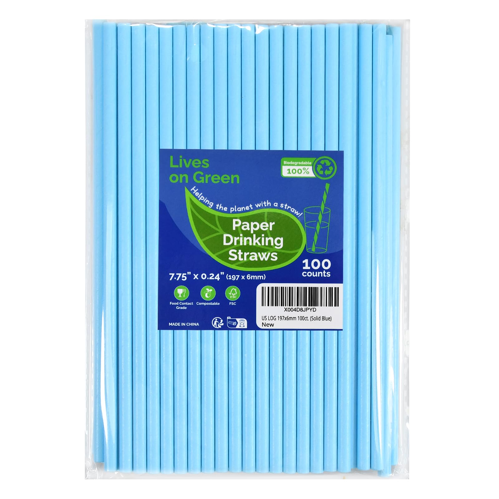 Lives on Green Solid Blue 19.7 x 0.6 cm Disposable Paper Drinking Straws Pack of 100 - Cocktail Drinks Cake Pops