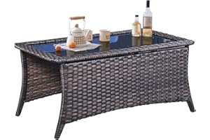 Belord Outdoor Coffee Table with Tempered Glass Top, Patio Rectangular Brown Wicker, Handwoven Rattan Coffee Table Compatible with Patio Furniture Sets for Porch Deck Backyard