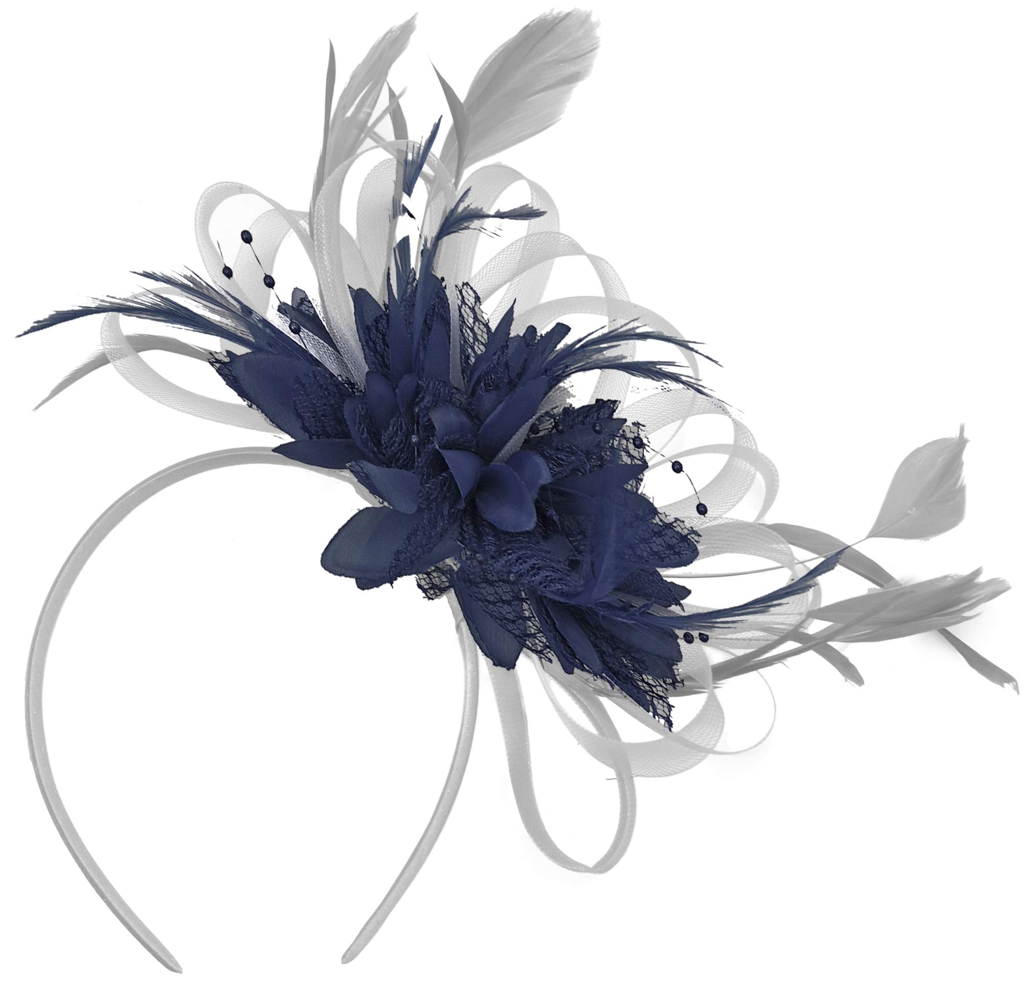 Grey Silver & Navy Blue Fascinator on Headband AliceBand UK Wedding Ascot Races Loop