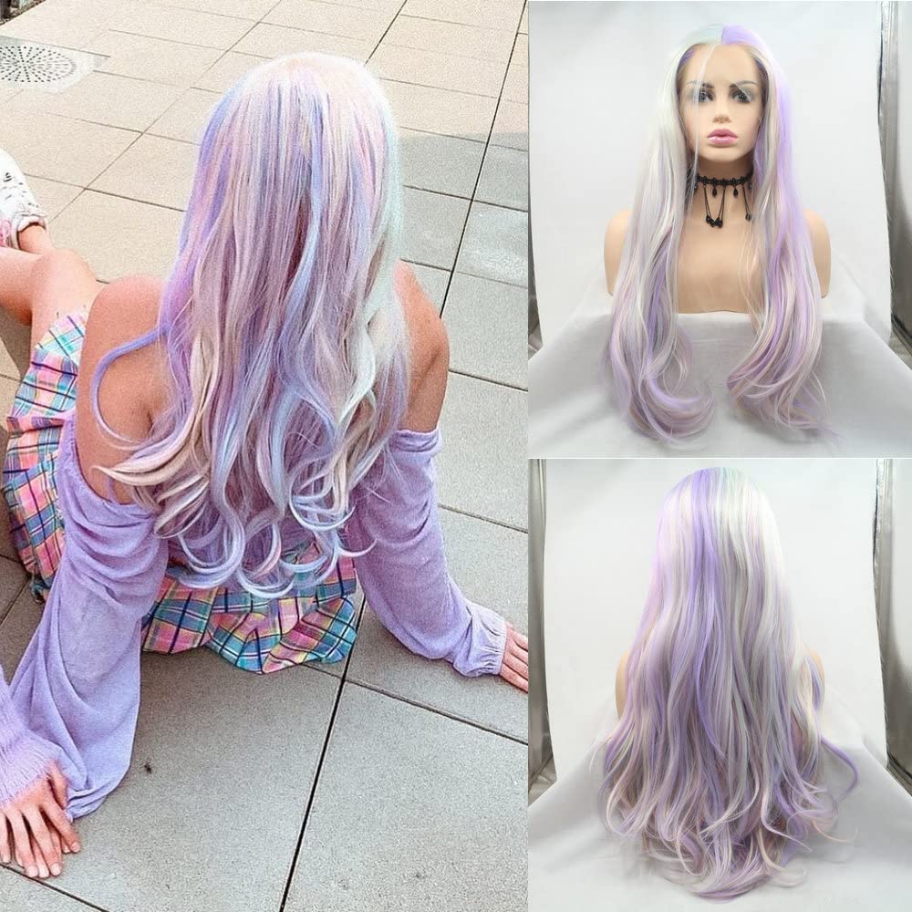 SERENEWIG Long Loose/Water Wave Synthetic Lace Front Wigs for Women Heat Resistant Fiber Hair Natural Hairline Daily Cosplay Party Use (Pastel Pink Purple Colorful)