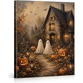 Rustic Halloween Ghost Canvas Wall Art, Vintage Pumpkin Cottage Fall Poster, Spooky Lantern Fall Prints for Living Room Bedroom Bathroom Wall Decor 8x10 Inches Framed