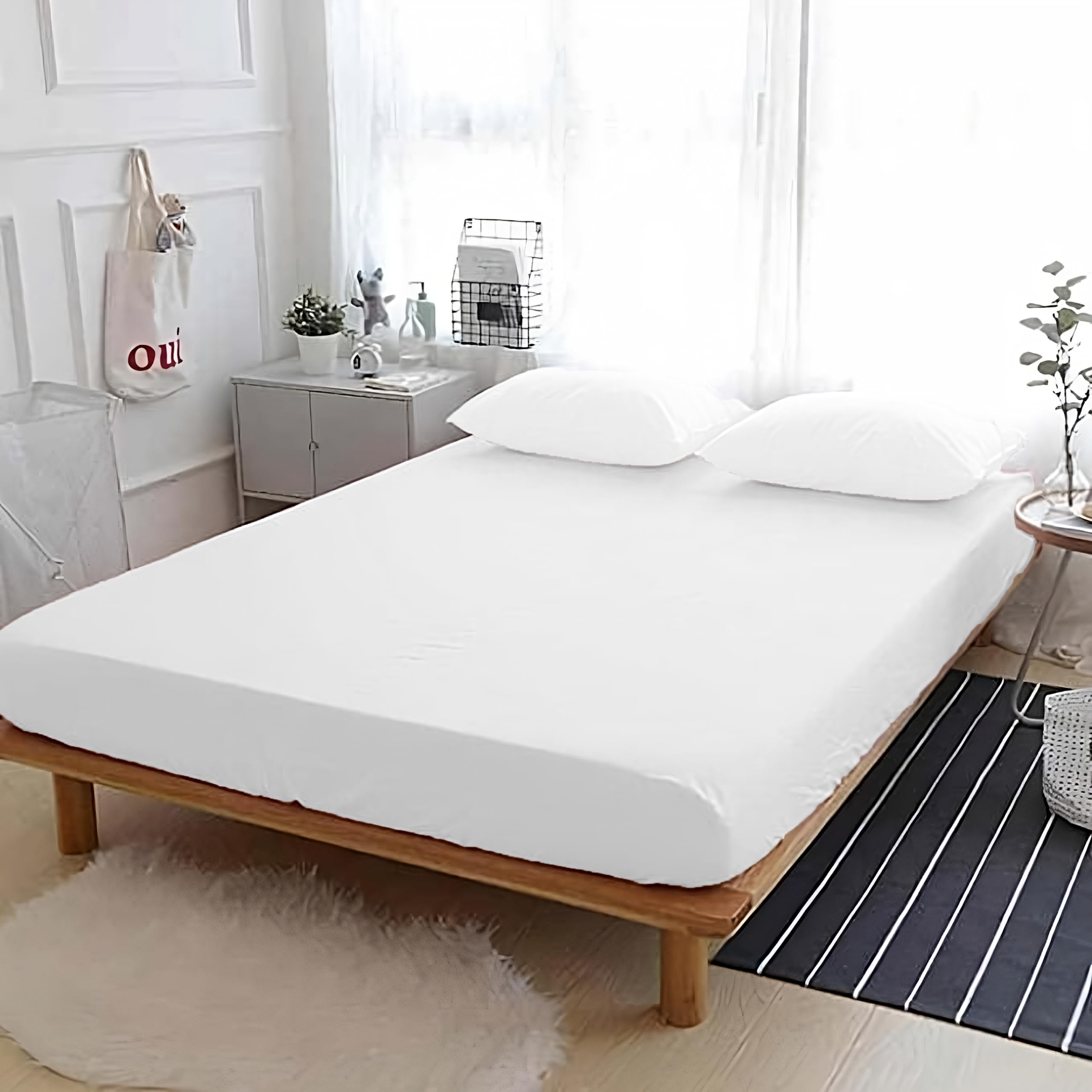 APEX FURNISHINGS Double Fitted Sheet, White 100% Egyptian Cotton deep fitted sheets double bed 300 Thread Count 300 TC Easy Care, Breathable Bed Sheets (140x190cm)