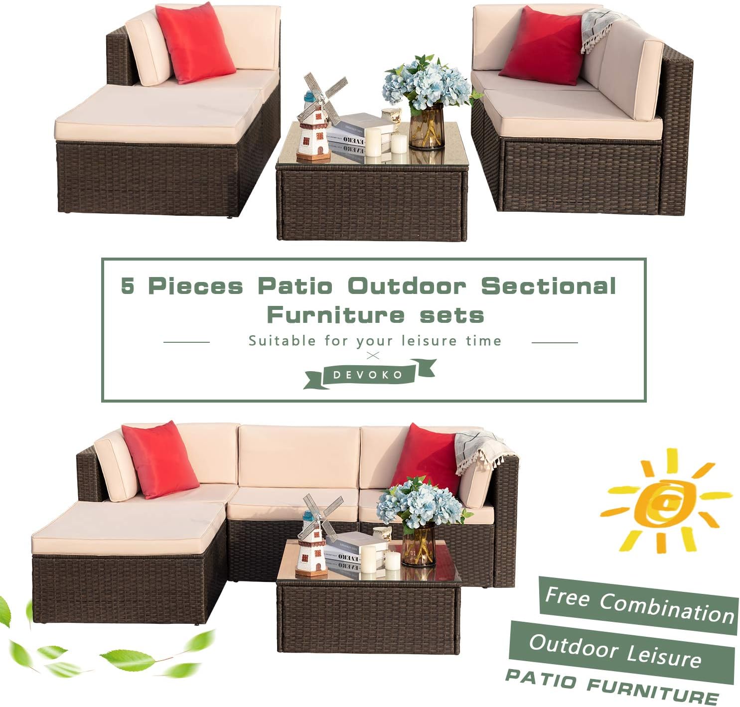 Devoko 5 Pieces Patio Furniture Sets All-Weather Outdoor Sectional Sofa Manual Weaving Wicker Rattan Patio Conversation Set with Cushion and Glass Table (Beige): Garden & Outdoor