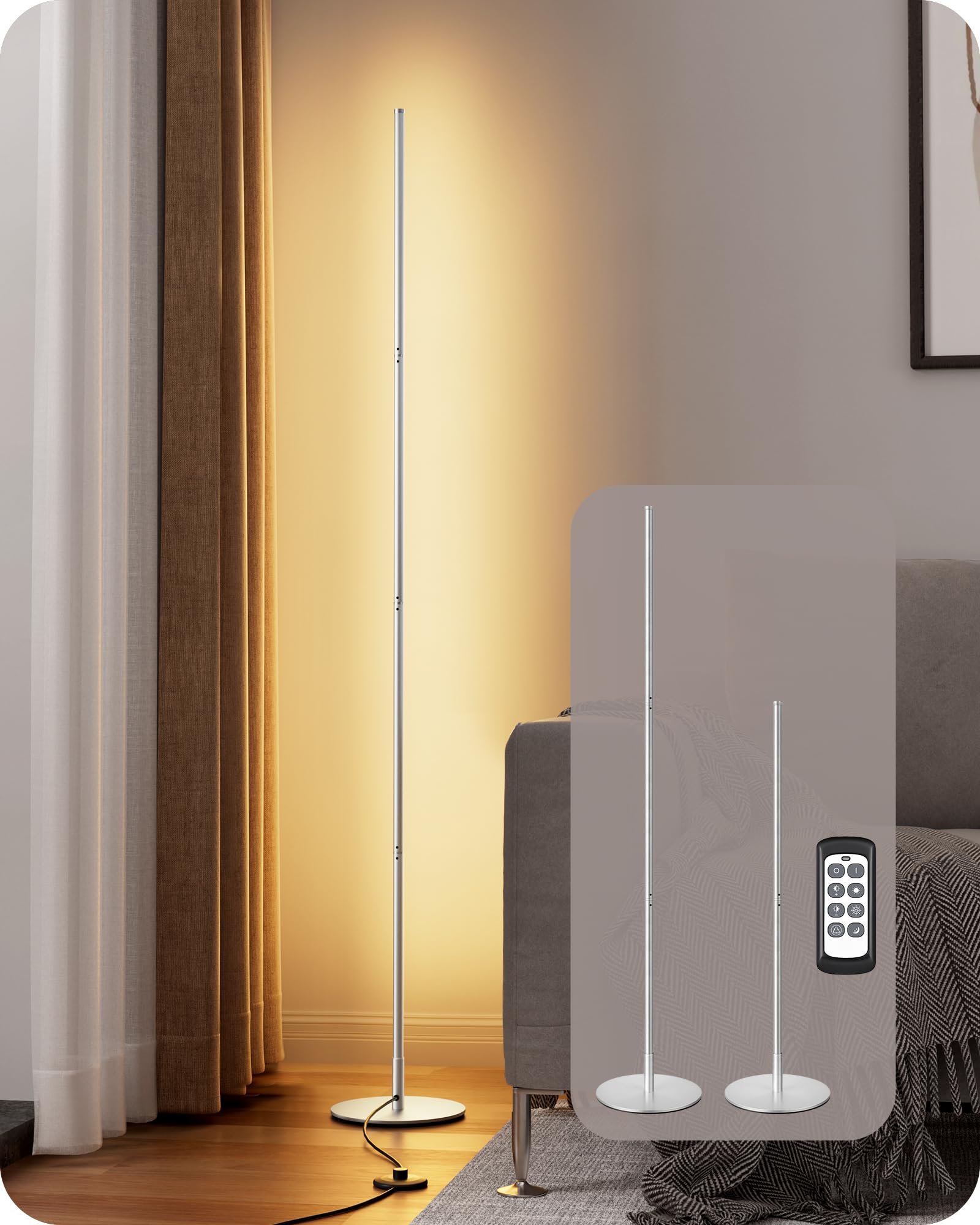 Photo 1 of EDISHINE LED Standing Floor Lamp, Dimmable Corner Standing Light with Remote, 3 Color Temperature 3000K-4500K-6000K, 57.5" Modern Floor Lamps for Living Room, Bedroom, Office, Silver